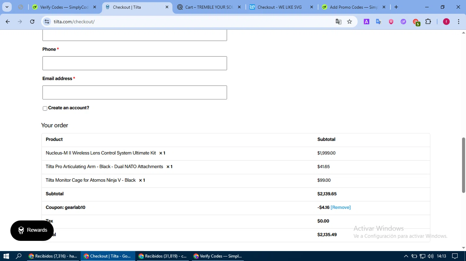 Tilta coupon code screenshot showing code GEARLAB10 applied at Tilta checkout page. Uploaded by SimplyCodes community member fausguillermo on Jun 19, 2025