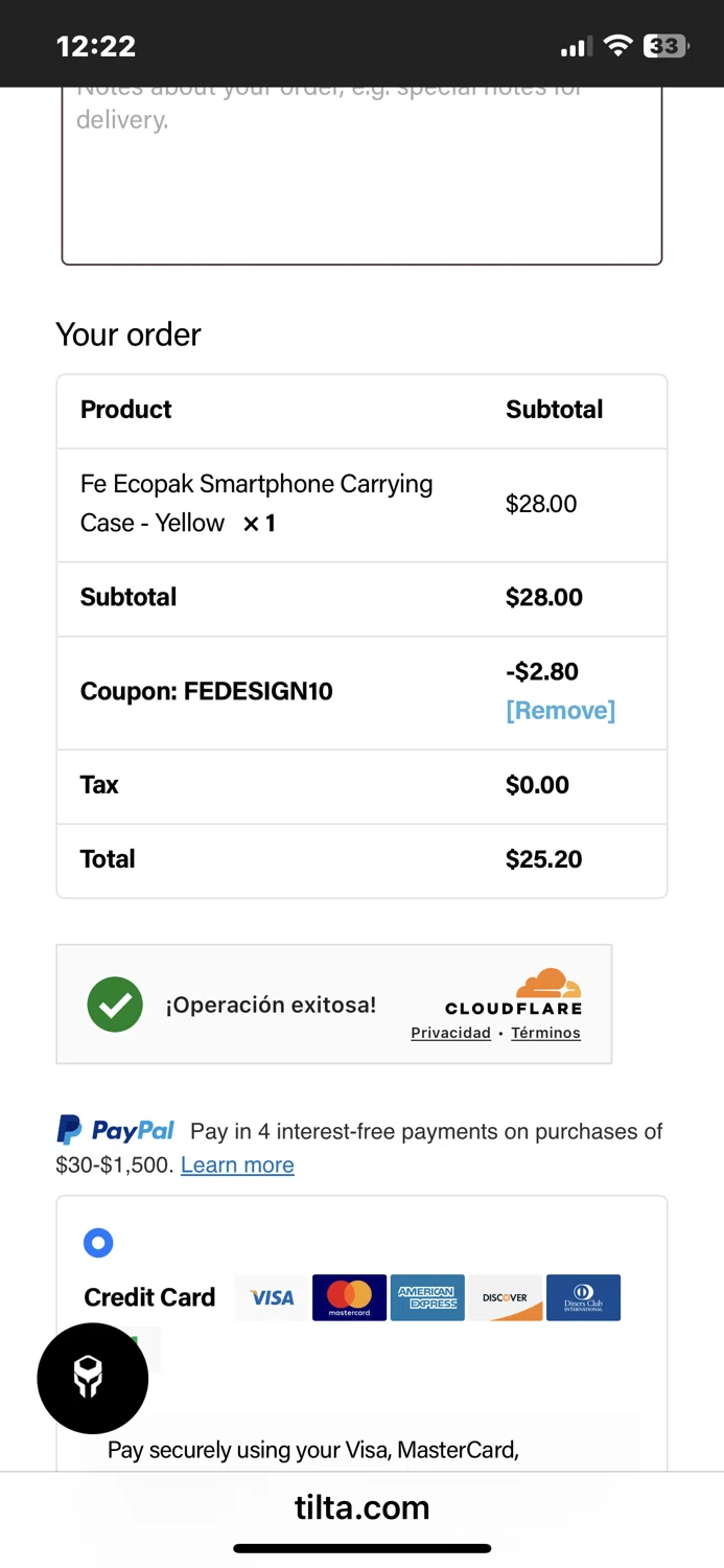 Tilta coupon code screenshot showing code FEDESIGN10 applied at Tilta checkout page. Uploaded by SimplyCodes community member Woodstock on Oct 17, 2025