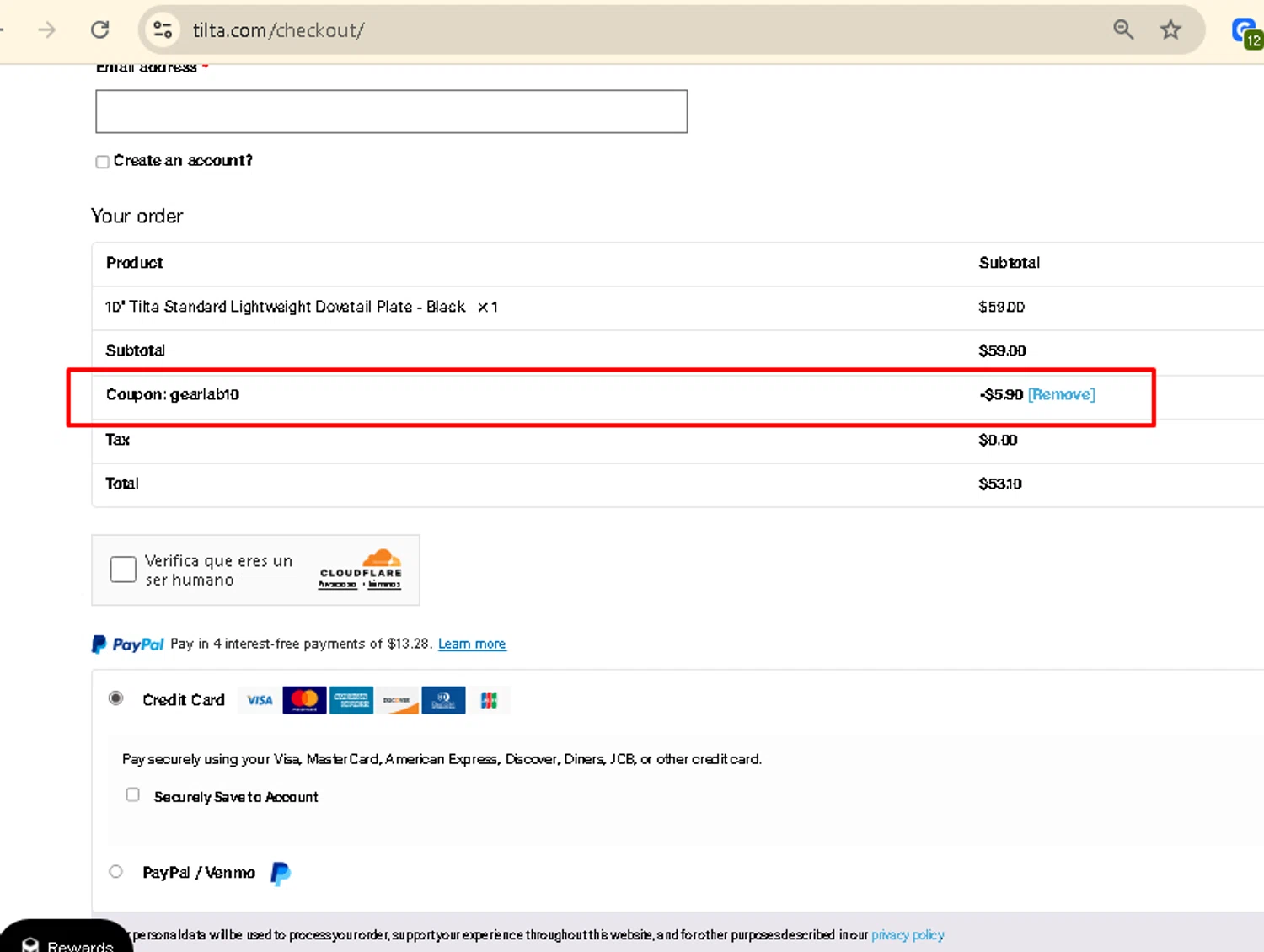 Tilta coupon code screenshot showing code GEARLAB10 applied at Tilta checkout page. Uploaded by SimplyCodes community member AMANDA2681 on Aug 11, 2025