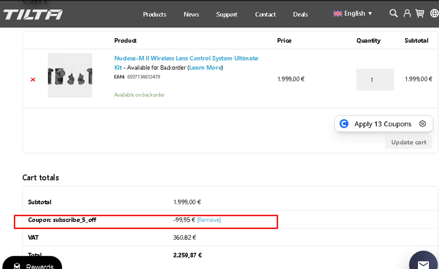 Tilta coupon code screenshot showing code subscribe_5_off applied at Tilta checkout page. Uploaded by SimplyCodes community member AMANDA2681 on Aug 11, 2025