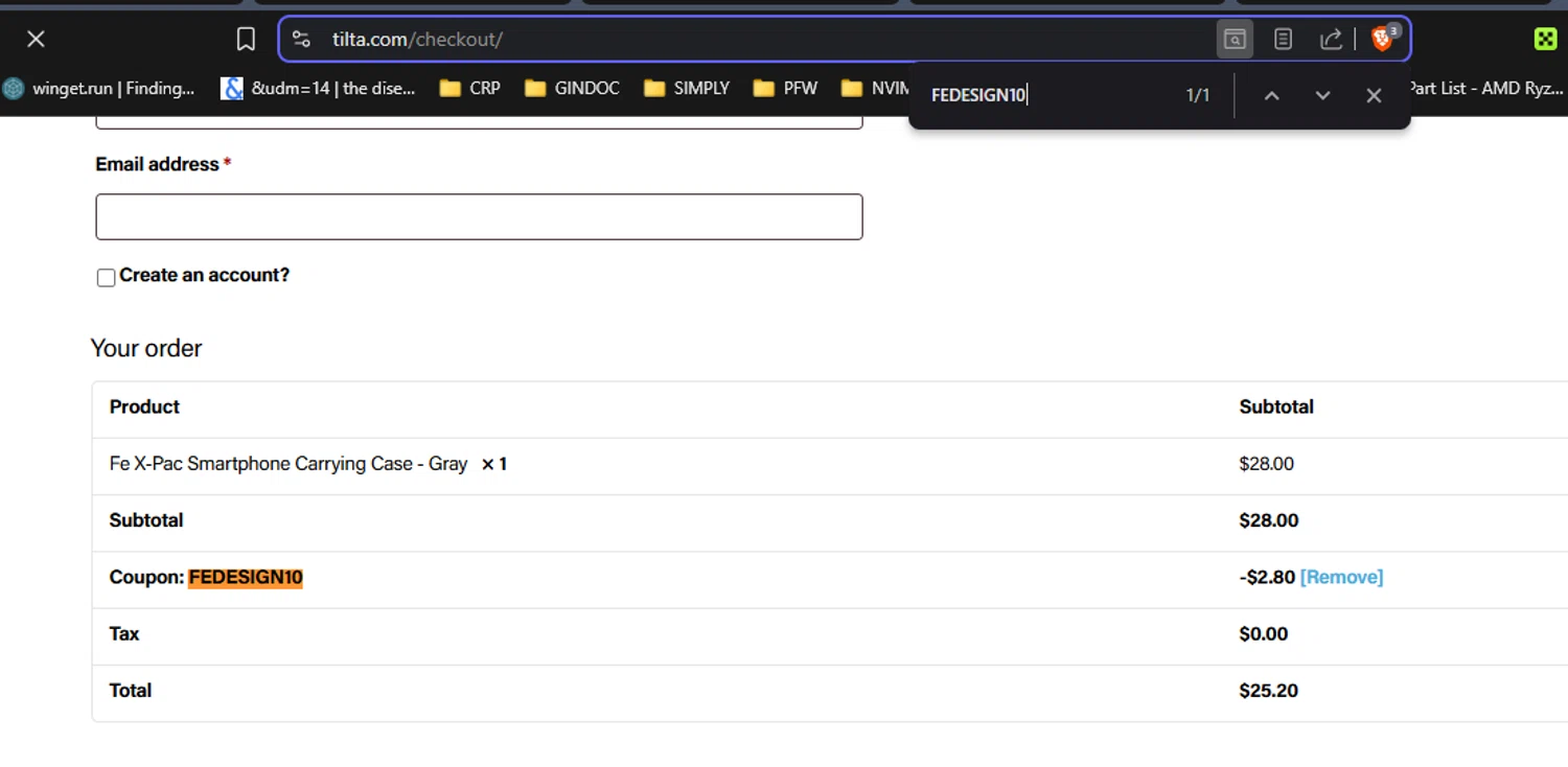 Tilta coupon code screenshot showing code FEDESIGN10 applied at Tilta checkout page. Uploaded by SimplyCodes community member RickhiK on Oct 17, 2025