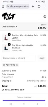 Tilt Beauty coupon verification screenshot