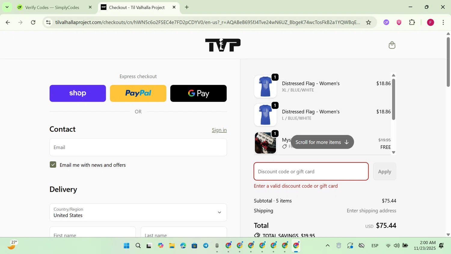 Til Valhalla Project discount code screenshot showing code FB10 applied at Til Valhalla Project checkout page. Uploaded by SimplyCodes community member PennyMonarch581 on Nov 23, 2025
