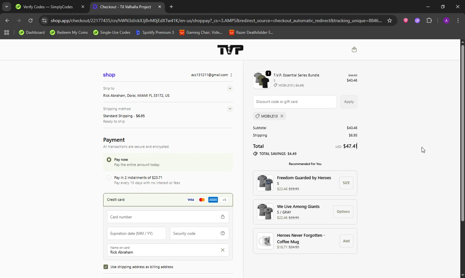 Til Valhalla Project discount code screenshot showing code MOBILE10 applied at Til Valhalla Project checkout page. Uploaded by SimplyCodes community member DeathBone on Oct 2, 2025