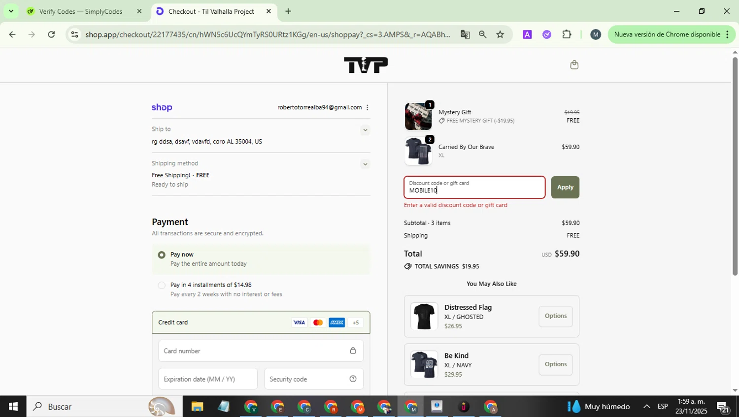 Til Valhalla Project discount code screenshot showing code MOBILE10 applied at Til Valhalla Project checkout page. Uploaded by SimplyCodes community member EpicCaptain5837 on Nov 23, 2025