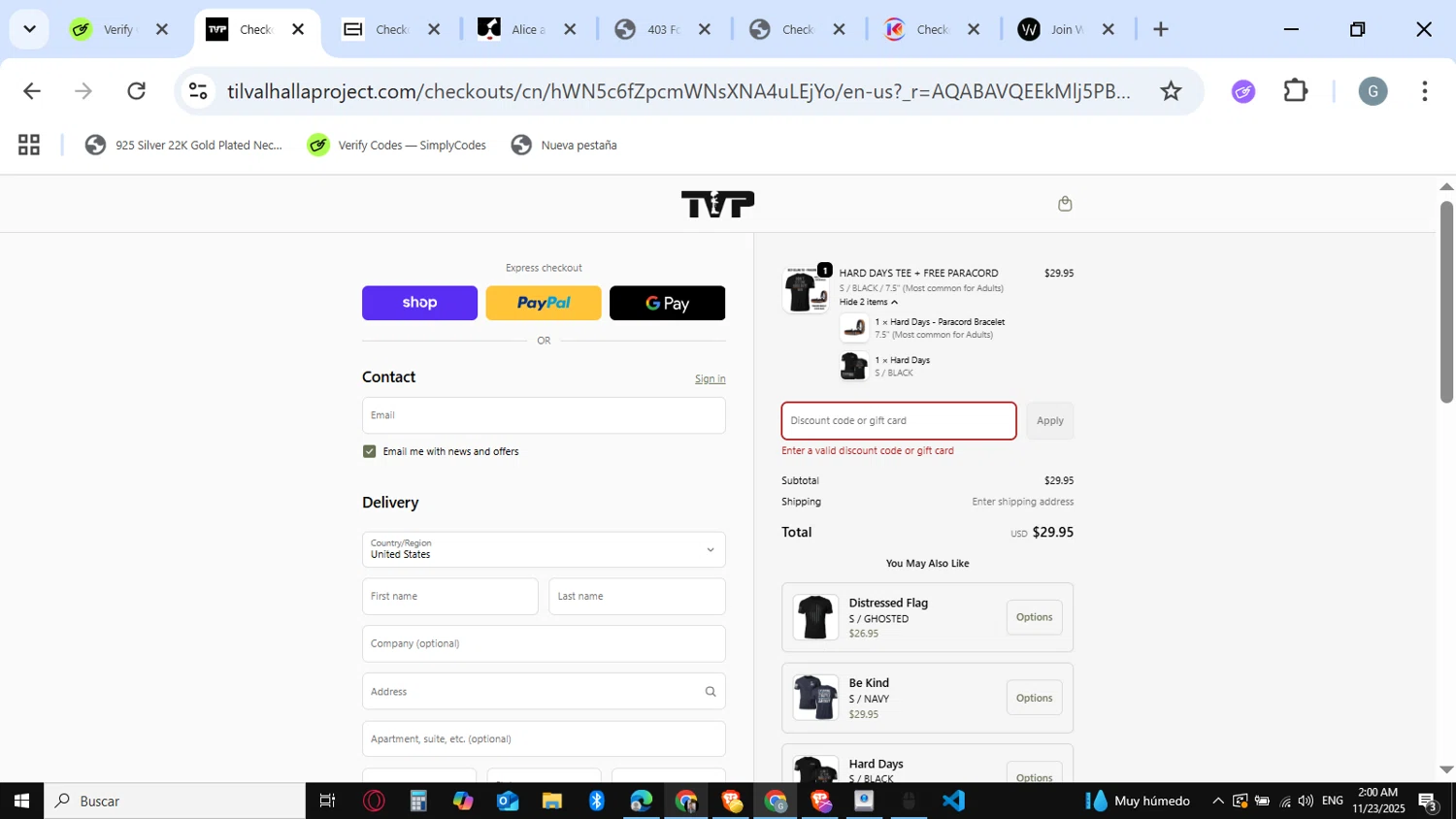 Til Valhalla Project discount code screenshot showing code TVP10 applied at Til Valhalla Project checkout page. Uploaded by SimplyCodes community member guest_623525963 on Nov 23, 2025