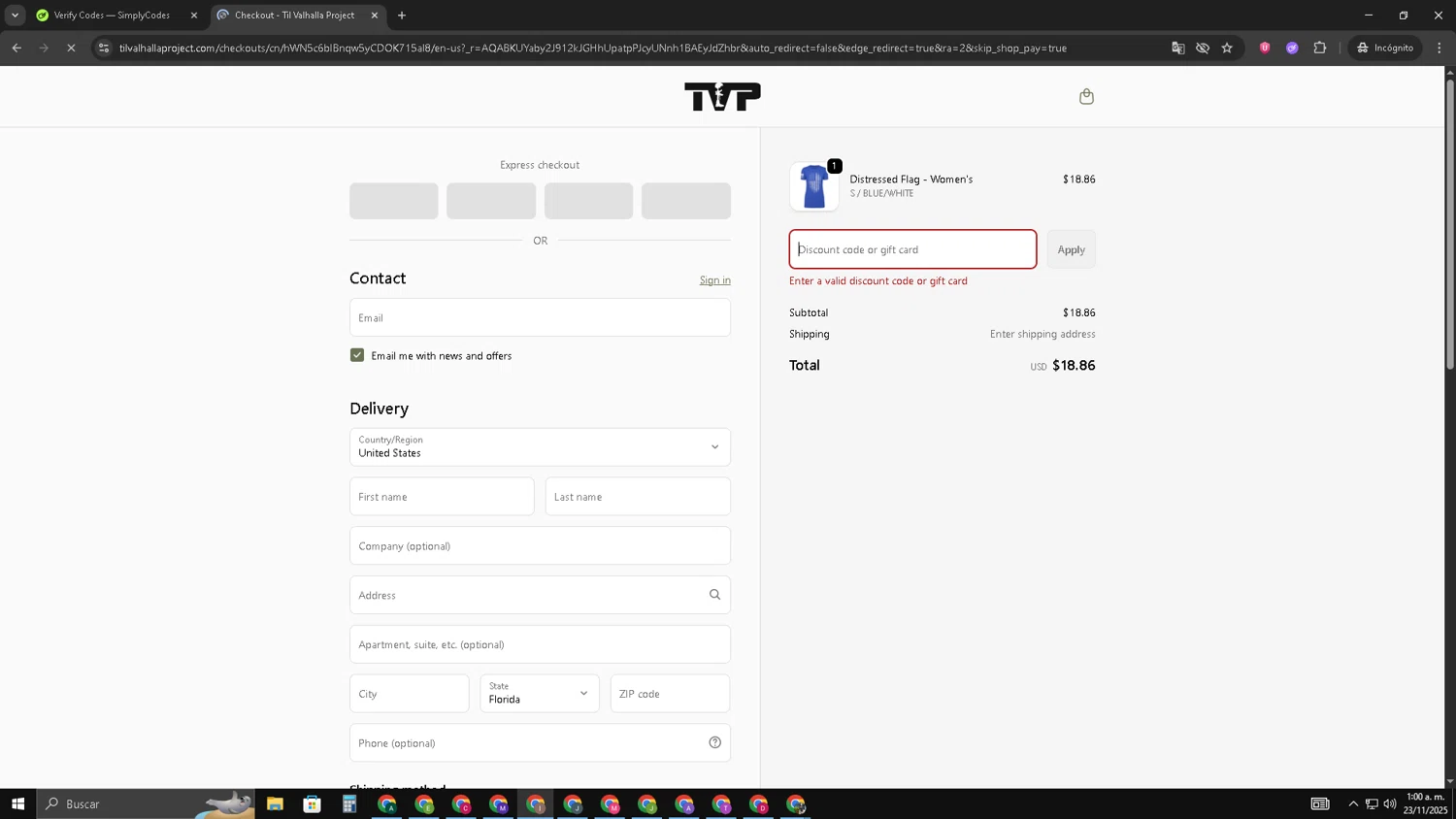 Til Valhalla Project discount code screenshot showing code TVP10 applied at Til Valhalla Project checkout page. Uploaded by SimplyCodes community member pequenokalvin5 on Nov 23, 2025