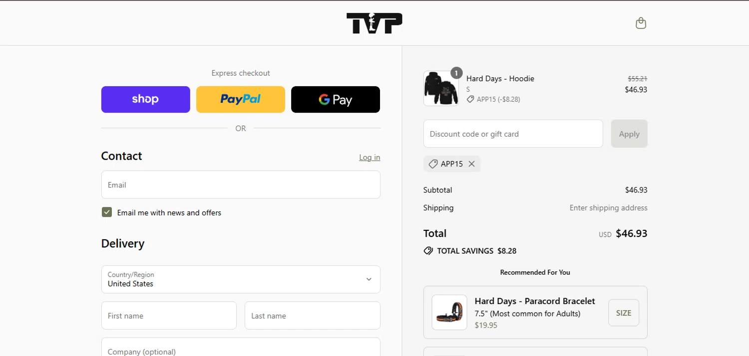 Til Valhalla Project discount code screenshot showing code APP15 applied at Til Valhalla Project checkout page. Uploaded by SimplyCodes community member juanisaac on Sep 9, 2025