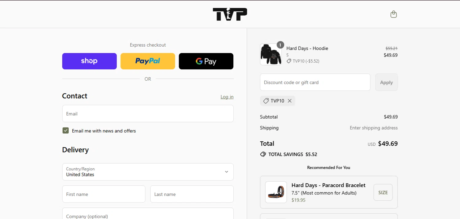Til Valhalla Project discount code screenshot showing code TVP10 applied at Til Valhalla Project checkout page. Uploaded by SimplyCodes community member juanisaac on Sep 9, 2025