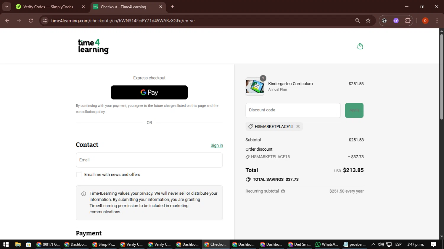 Time 4 Learning promo code screenshot showing code HSMARKETPLACE15 applied at Time 4 Learning checkout page. Uploaded by SimplyCodes community member CleverSpotter3730 on Sep 15, 2025