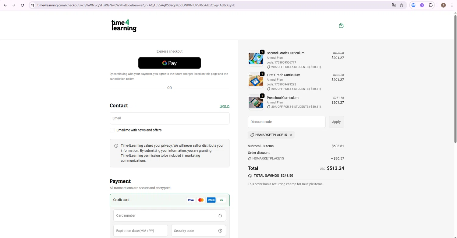 Time 4 Learning promo code screenshot showing code HSMARKETPLACE15 applied at Time 4 Learning checkout page. Uploaded by SimplyCodes community member GoldRanger7896 on Nov 23, 2025