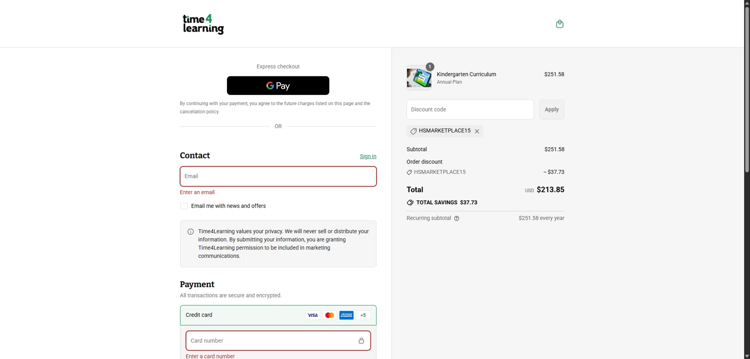 Time 4 Learning promo code screenshot showing code HSMARKETPLACE15 applied at Time 4 Learning checkout page. Uploaded by SimplyCodes community member TokenCollector1268 on Sep 10, 2025