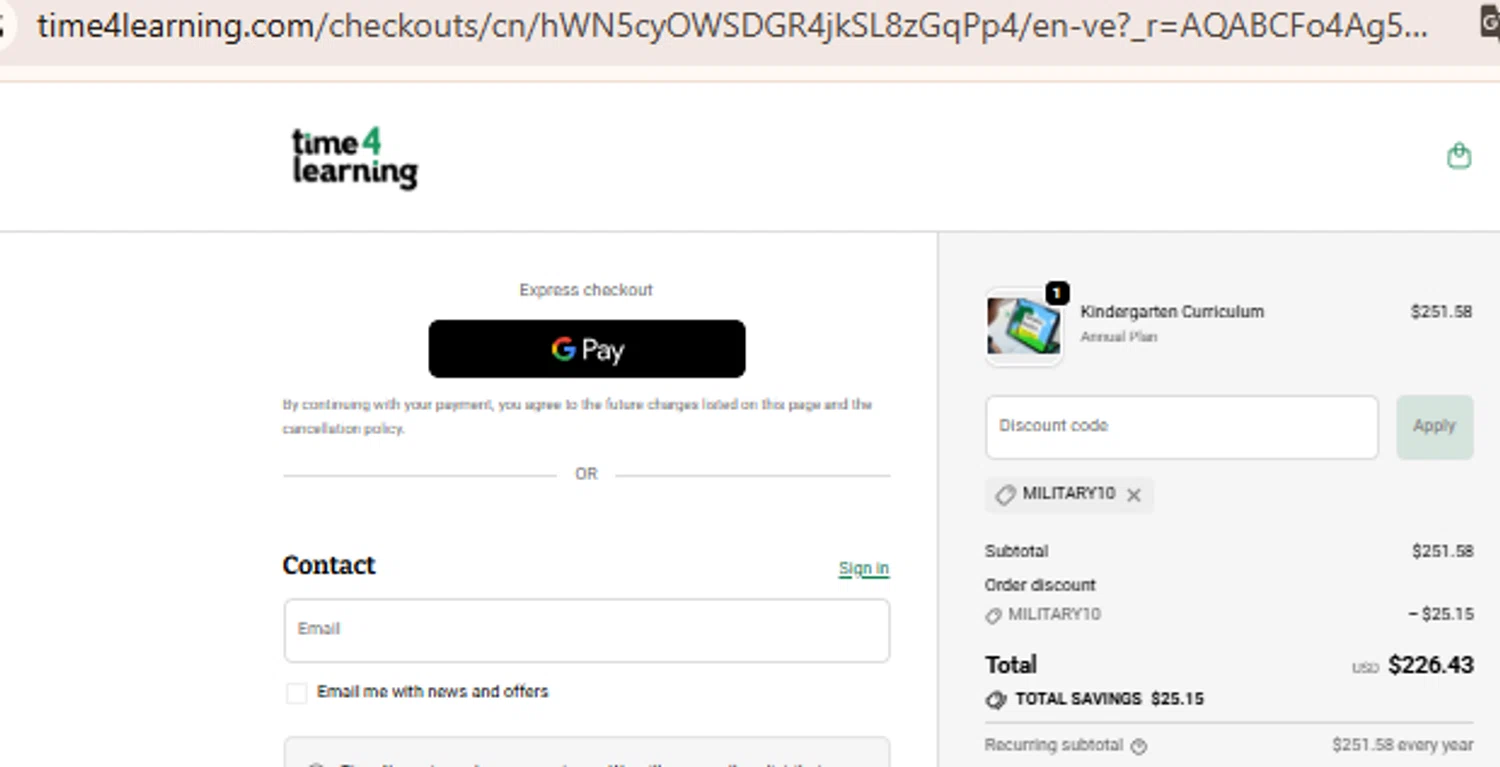 Time 4 Learning promo code screenshot showing code MILITARY10 applied at Time 4 Learning checkout page. Uploaded by SimplyCodes community member BudgetLion5814 on Nov 23, 2025