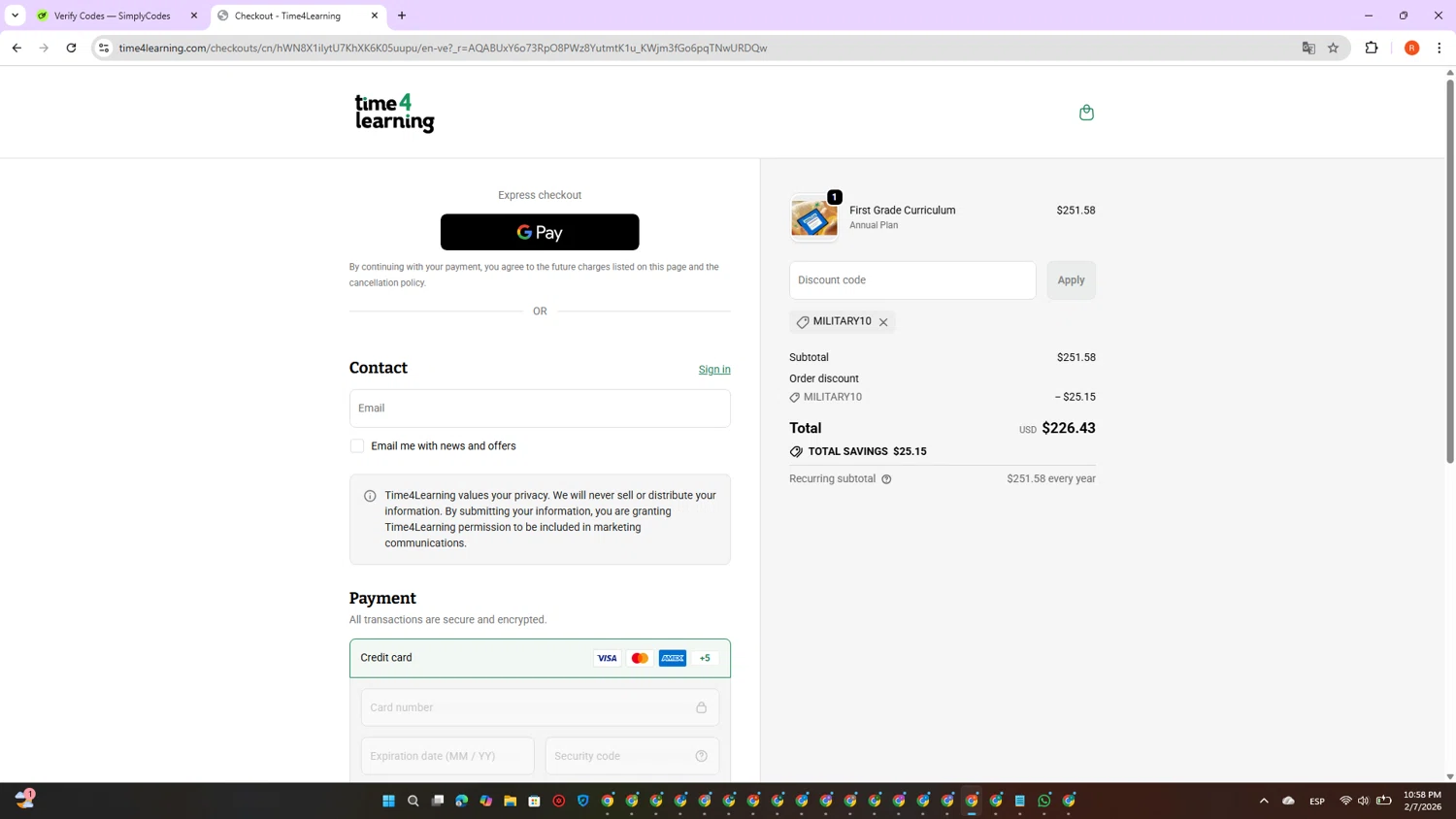 Time 4 Learning checkout page showing Time 4 Learning promo code box | Screenshot taken by SimplyCodes community member on Feb 8, 2026