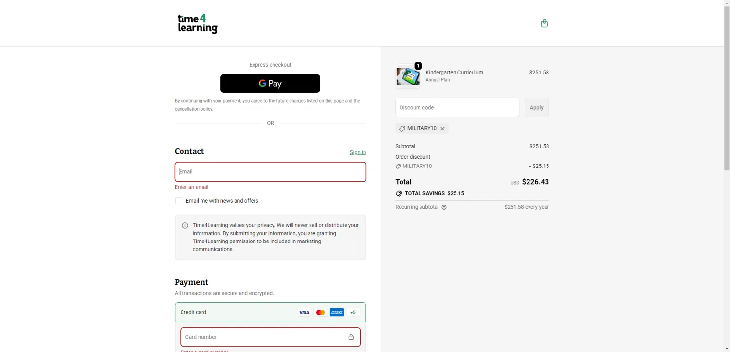 Time 4 Learning promo code screenshot showing code MILITARY10 applied at Time 4 Learning checkout page. Uploaded by SimplyCodes community member ValiantAce1810 on Nov 7, 2025