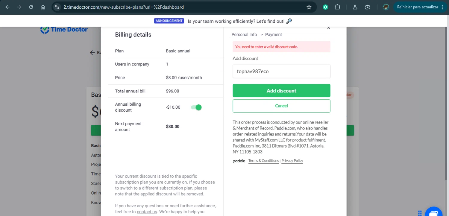 Time Doctor discount code screenshot showing code topnav987eco applied at Time Doctor checkout page. Uploaded by SimplyCodes community member MariaCorinaMachado on Feb 13, 2025