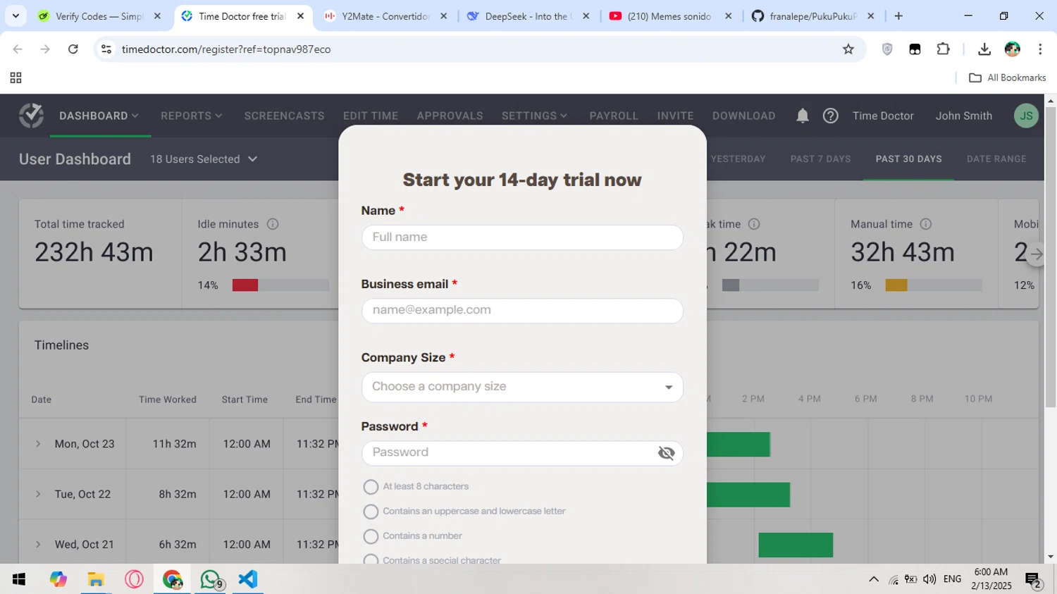 Time Doctor discount code screenshot showing code topnav987eco applied at Time Doctor checkout page. Uploaded by SimplyCodes community member franalepe on Feb 13, 2025