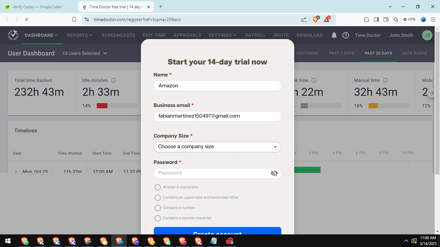Time Doctor checkout page showing Time Doctor discount code box | Screenshot taken by SimplyCodes community member on Mar 14, 2025