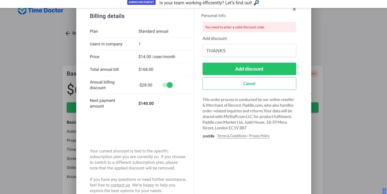 Time Doctor discount code screenshot showing code THANKS applied at Time Doctor checkout page. Uploaded by SimplyCodes community member Lioniel on Feb 12, 2025