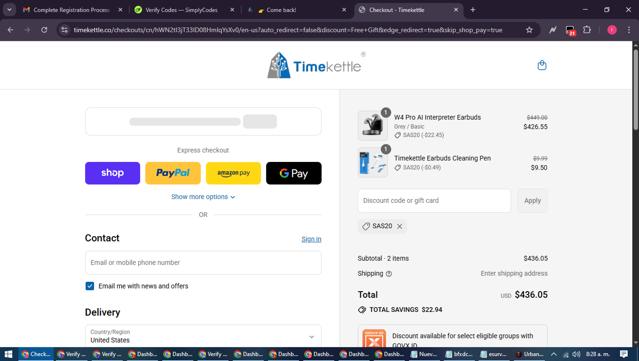 Timekettle checkout page showing Timekettle discount code box | Screenshot taken by SimplyCodes community member on Sep 12, 2025