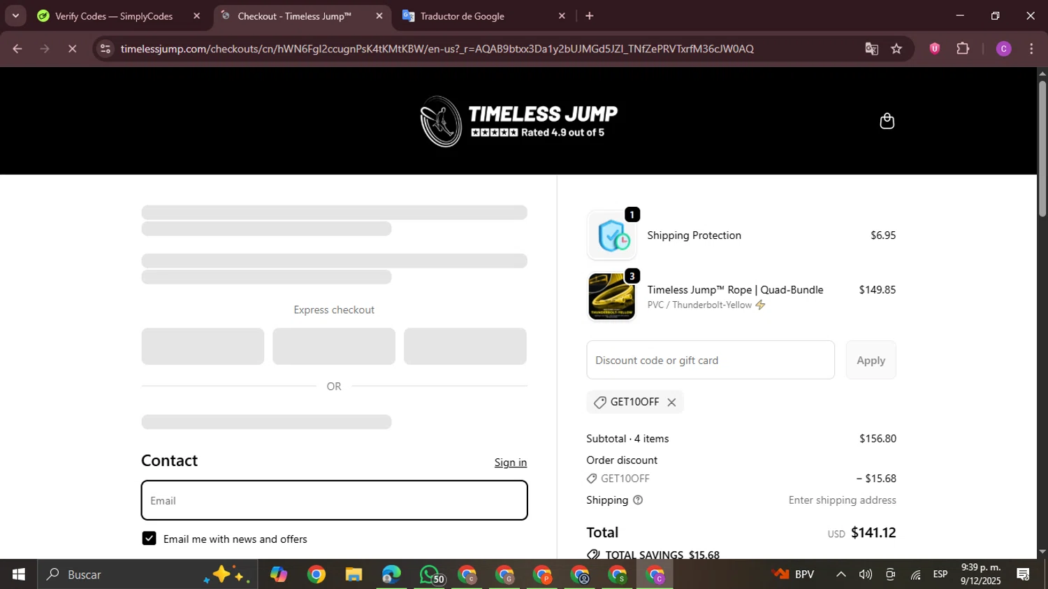 Timeless Jump promo code screenshot showing code GET10OFF applied at Timeless Jump checkout page. Uploaded by SimplyCodes community member FrugalPro5078 on Dec 10, 2025