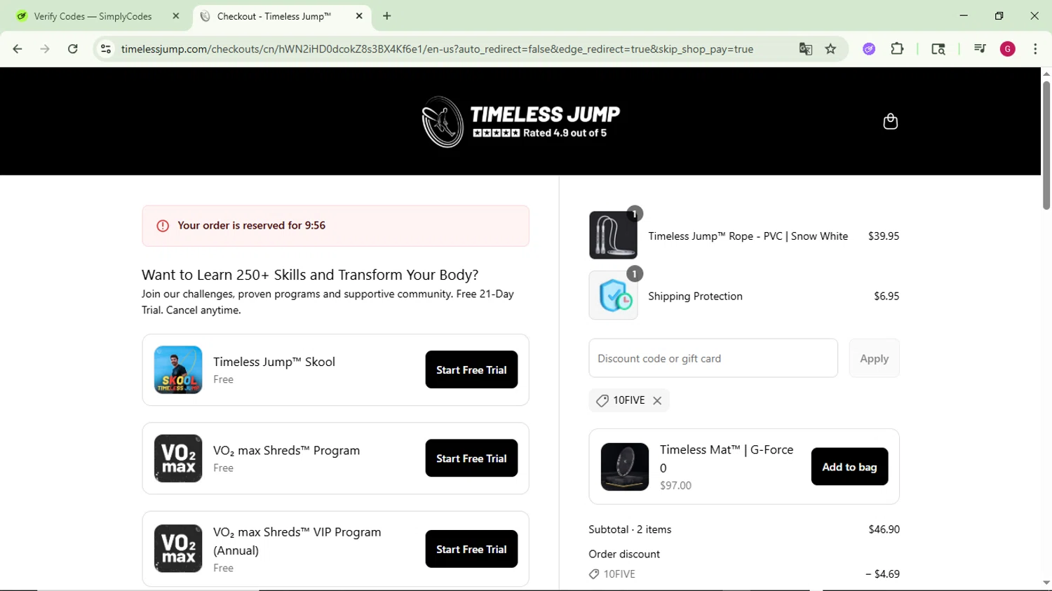 Timeless Jump promo code screenshot showing code 10FIVE applied at Timeless Jump checkout page. Uploaded by SimplyCodes community member CrownFinder3074 on Sep 7, 2025