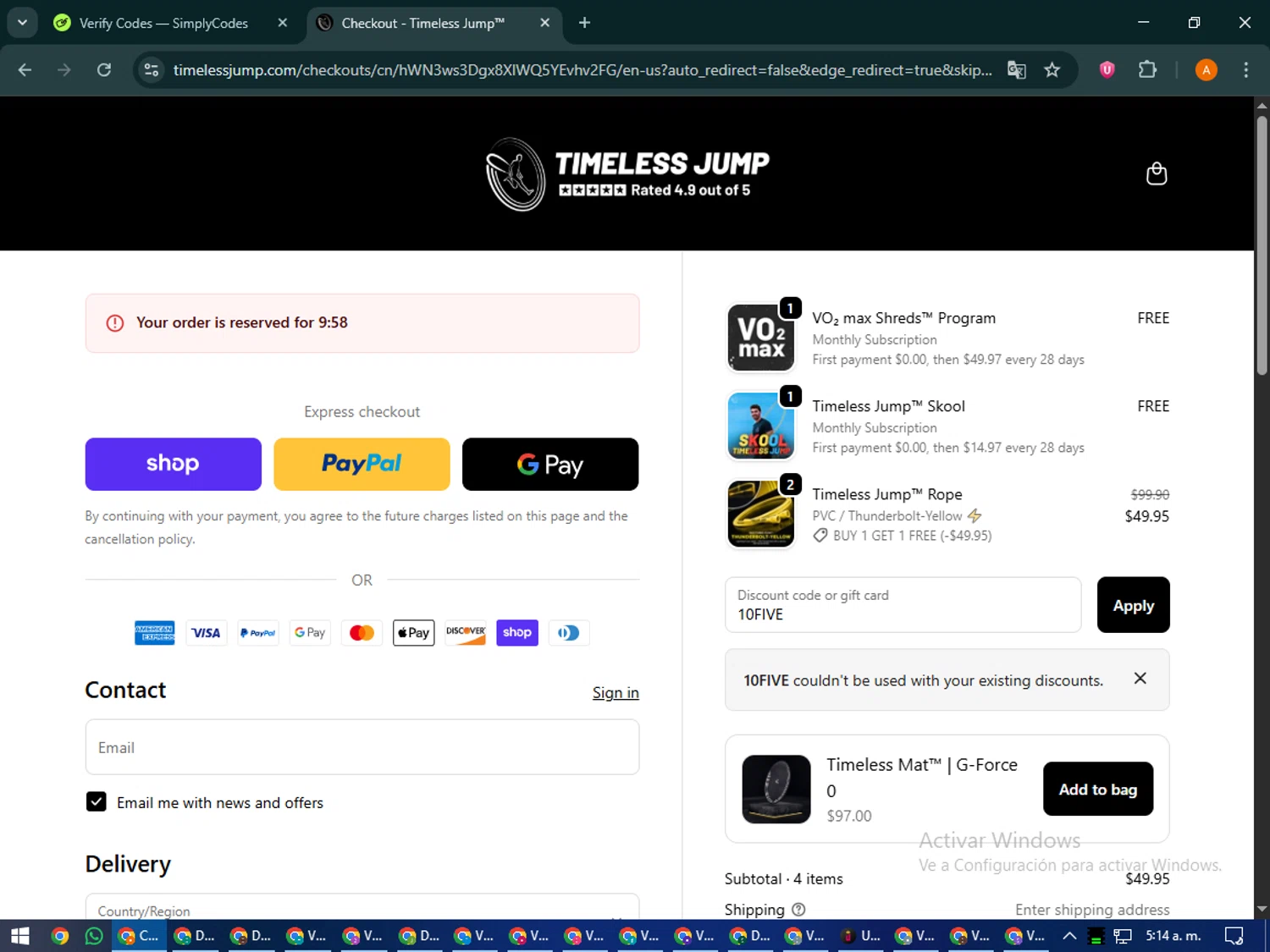 Timeless Jump promo code screenshot showing code 10FIVE applied at Timeless Jump checkout page. Uploaded by SimplyCodes community member MoneyPhoenix4664 on Oct 10, 2025