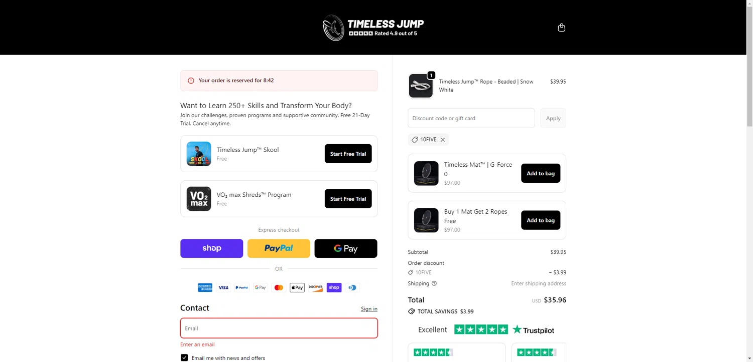Timeless Jump promo code screenshot showing code 10FIVE applied at Timeless Jump checkout page. Uploaded by SimplyCodes community member SwiftCurator4059 on Dec 4, 2025
