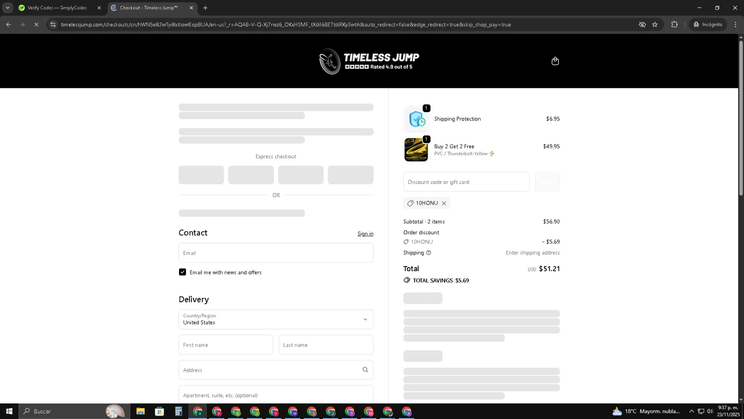 Timeless Jump promo code screenshot showing code 10HONU applied at Timeless Jump checkout page. Uploaded by SimplyCodes community member HAOJIN on Nov 24, 2025