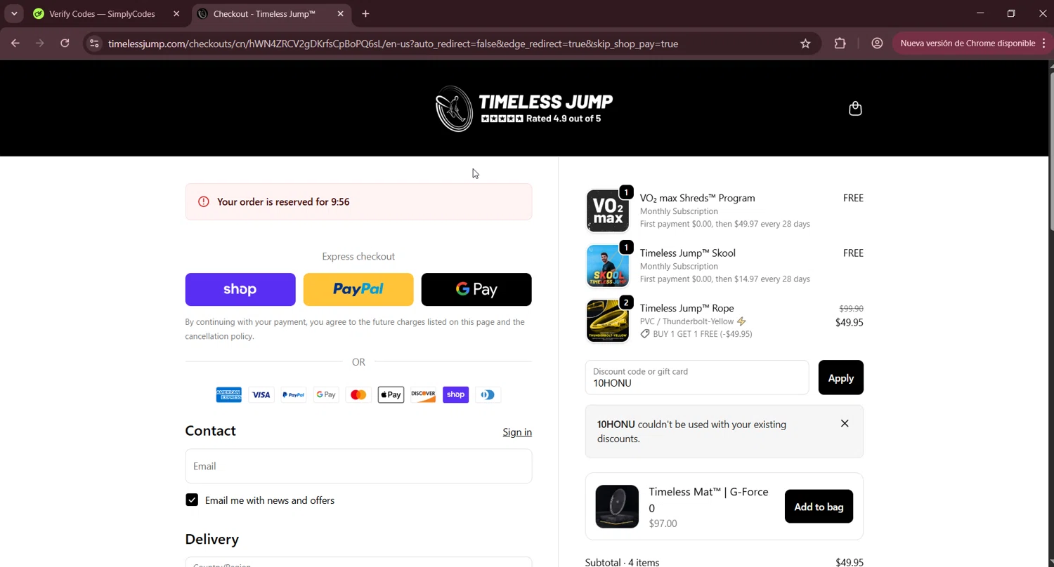 Timeless Jump promo code screenshot showing code 10HONU applied at Timeless Jump checkout page. Uploaded by SimplyCodes community member LuckyNavigator1490 on Oct 26, 2025
