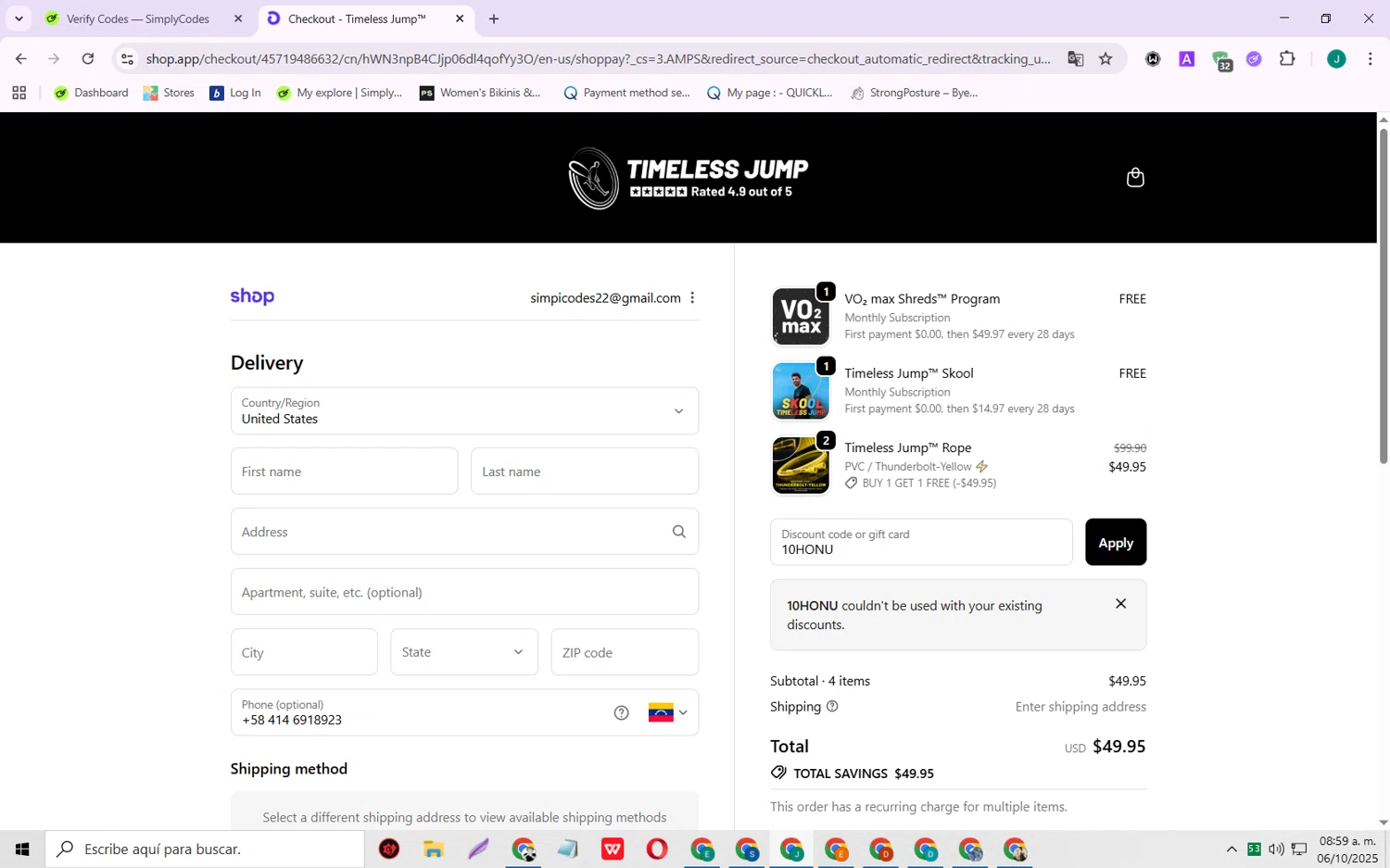 Timeless Jump promo code screenshot showing code 10HONU applied at Timeless Jump checkout page. Uploaded by SimplyCodes community member SarayH on Oct 6, 2025