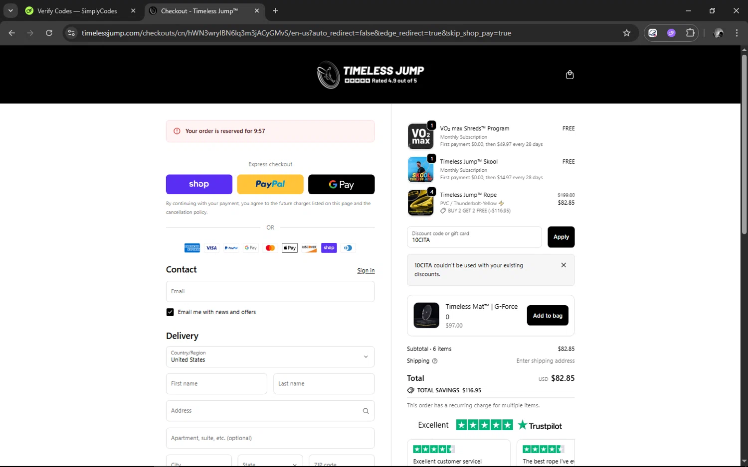 Timeless Jump promo code screenshot showing code 10CITA applied at Timeless Jump checkout page. Uploaded by SimplyCodes community member ELMARRON on Oct 10, 2025
