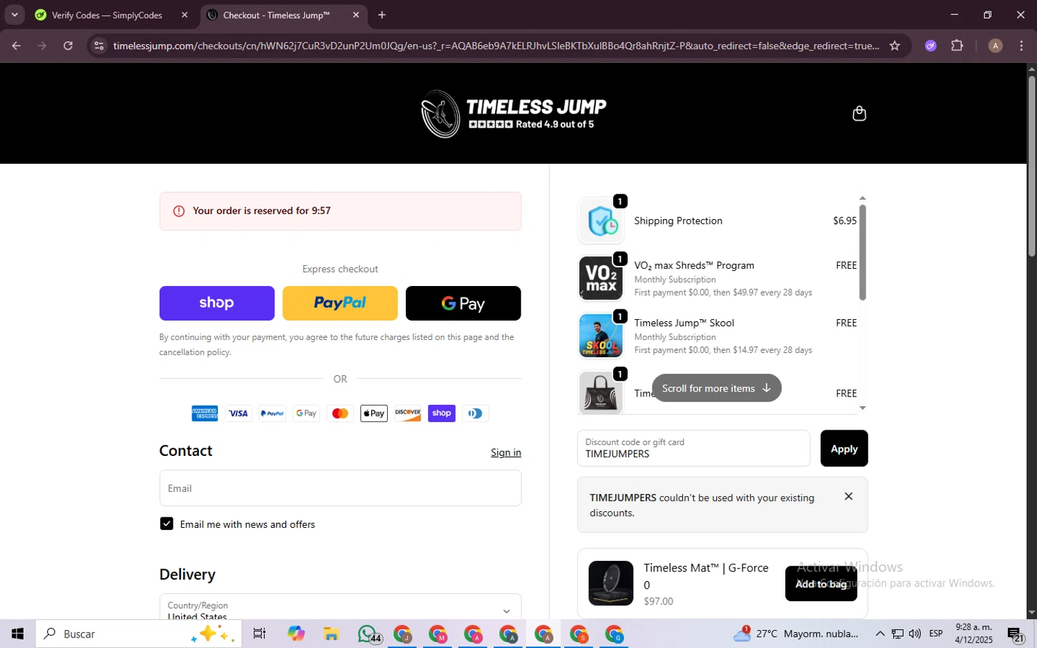Timeless Jump promo code screenshot showing code TIMEJUMPERS applied at Timeless Jump checkout page. Uploaded by SimplyCodes community member BargainGenius8397 on Dec 4, 2025