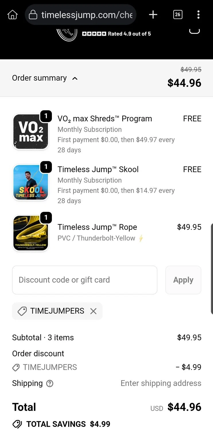 Timeless Jump promo code screenshot showing code TIMEJUMPERS applied at Timeless Jump checkout page. Uploaded by SimplyCodes community member Carloslvz on Oct 10, 2025