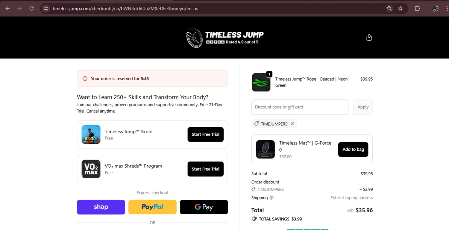 Timeless Jump promo code screenshot showing code TIMEJUMPERS applied at Timeless Jump checkout page. Uploaded by SimplyCodes community member MagnificentAdmiral9096 on Oct 2, 2025