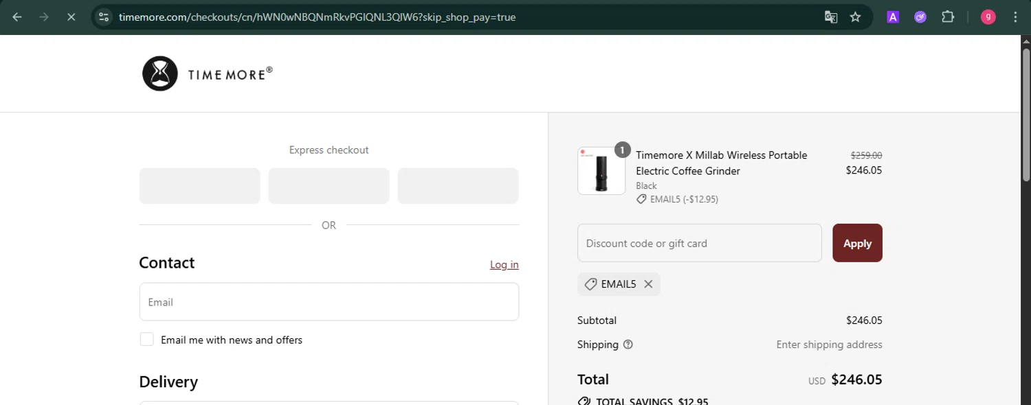 Time More promo code screenshot showing code EMAIL5 applied at Time More checkout page. Uploaded by SimplyCodes community member MoneyFalcon481 on Jul 23, 2025