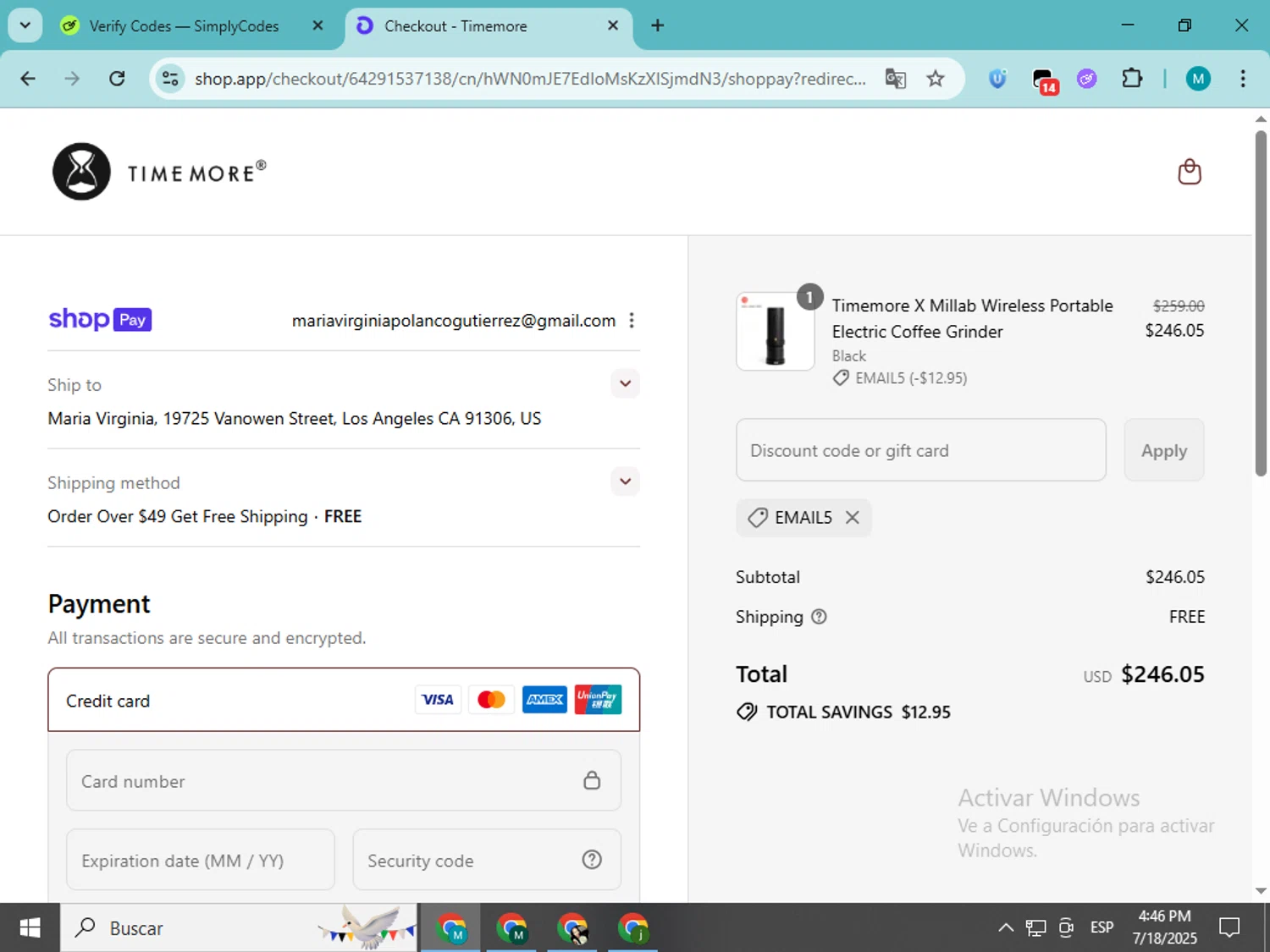 Time More promo code screenshot showing code EMAIL5 applied at Time More checkout page. Uploaded by SimplyCodes community member estrellaveloz on Jul 18, 2025