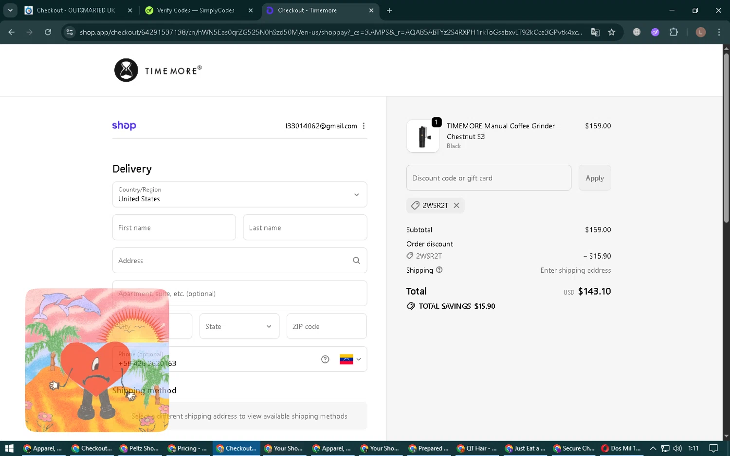Time More promo code screenshot showing code 2Wsr2T applied at Time More checkout page. Uploaded by SimplyCodes community member BrilliantTiger9986 on Nov 13, 2025