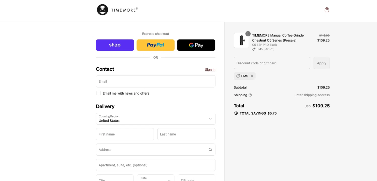 Time More promo code screenshot showing code EM5 applied at Time More checkout page. Uploaded by SimplyCodes community member ELOIN777 on Sep 14, 2025