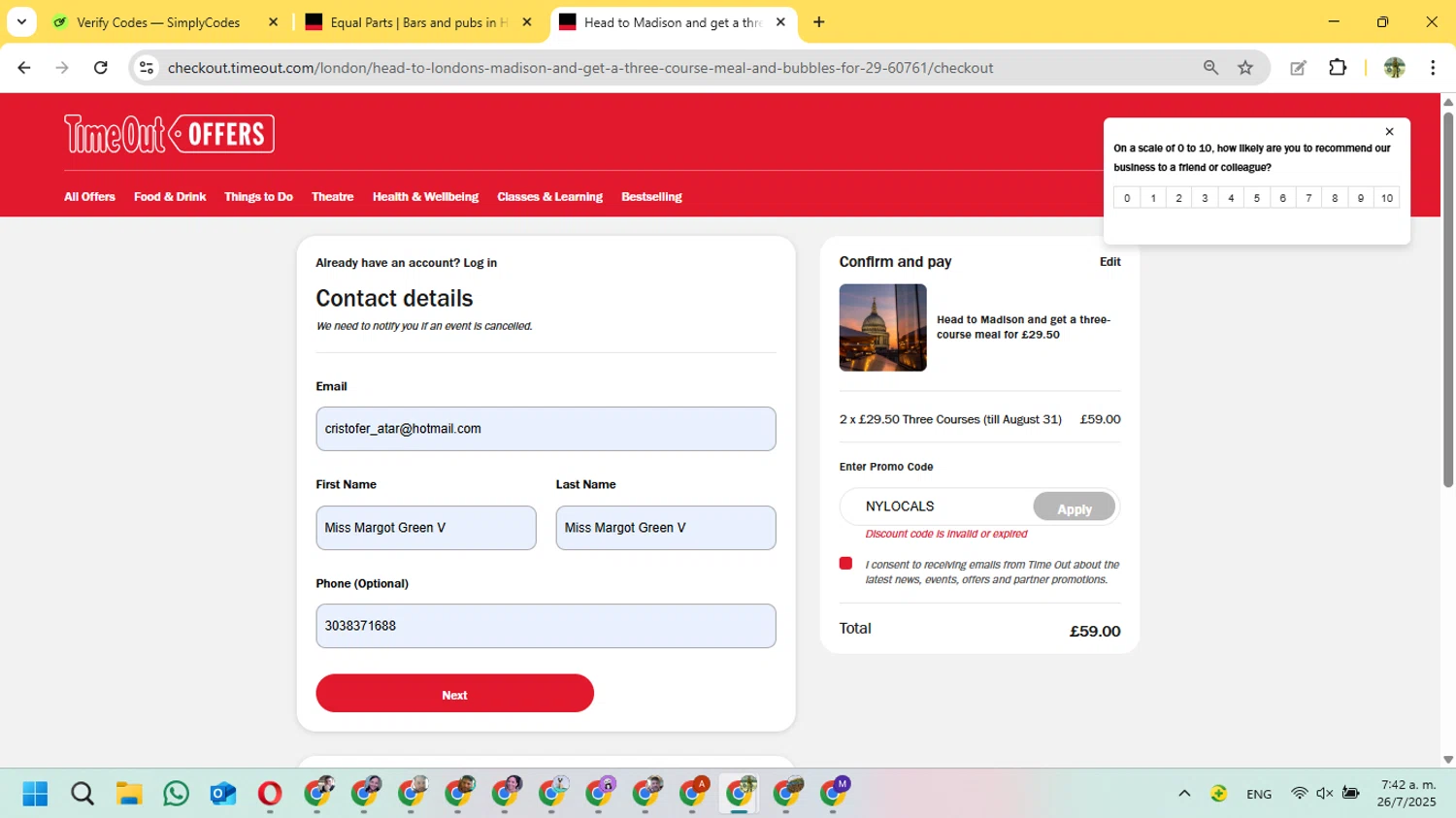 Timeout Offers discount code screenshot showing code NYLOCALS applied at Timeout Offers checkout page. Uploaded by SimplyCodes community member FundoSinai on Jul 26, 2025