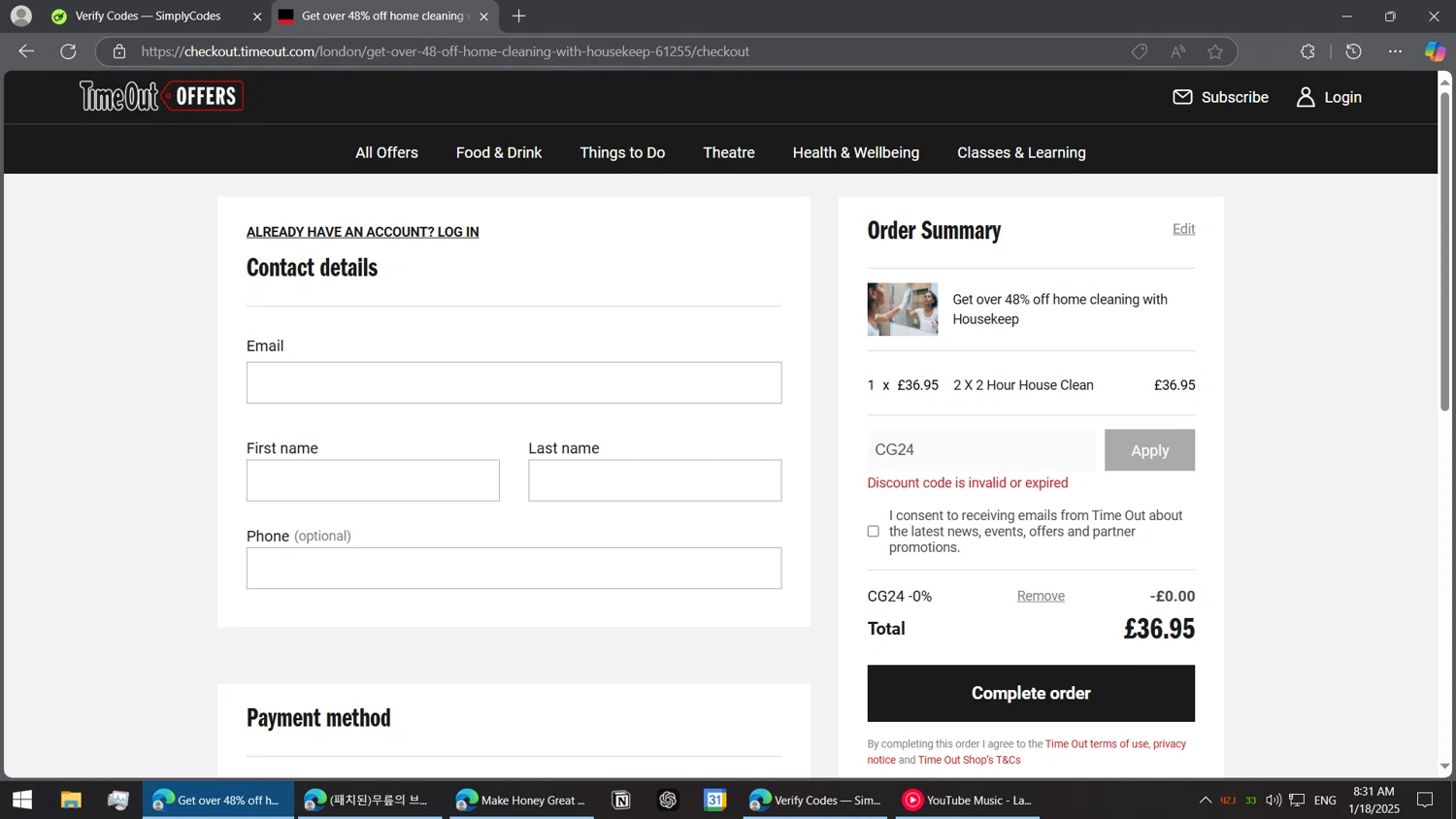 Timeout Offers discount code screenshot showing code CG24 applied at Timeout Offers checkout page. Uploaded by SimplyCodes community member BorgeZzz on Jan 18, 2025