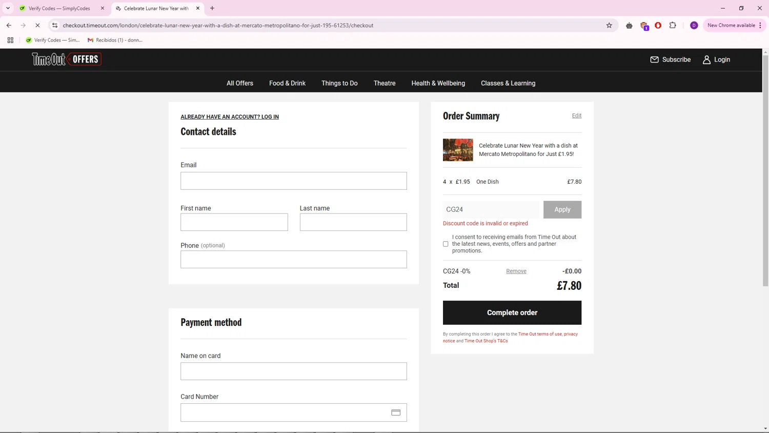 Timeout Offers discount code screenshot showing code CG24 applied at Timeout Offers checkout page. Uploaded by SimplyCodes community member RebateTiger7896 on Jan 18, 2025