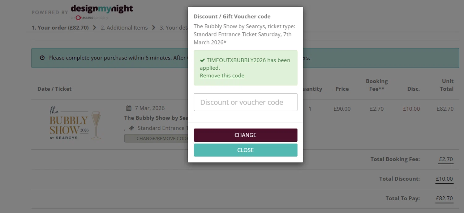 Timeout Offers discount code screenshot showing code TIMEOUTXBUBBLY2026 applied at Timeout Offers checkout page. Uploaded by SimplyCodes community member jesspea on Dec 12, 2025