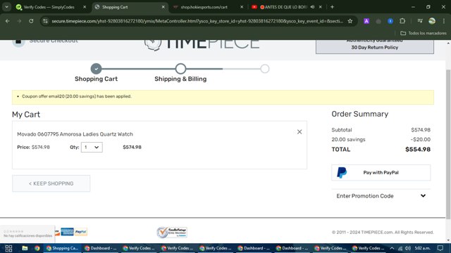 Timepiece.com checkout page showing Timepiece.com promo code box | Screenshot taken by SimplyCodes community member on Aug 6, 2024