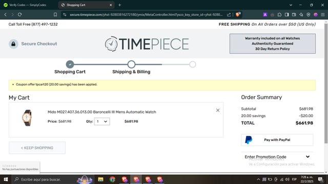 Timepiece.com checkout page showing Timepiece.com promo code box | Screenshot taken by SimplyCodes community member on Feb 22, 2025