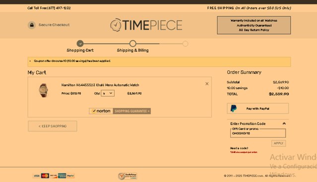 Timepiece.com checkout page showing Timepiece.com promo code box | Screenshot taken by SimplyCodes community member on Jun 7, 2025