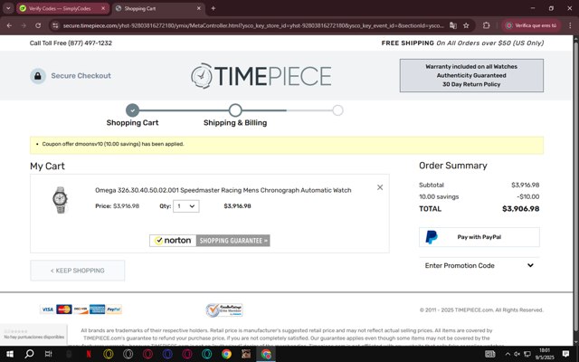 Timepiece.com checkout page showing Timepiece.com promo code box | Screenshot taken by SimplyCodes community member on May 9, 2025