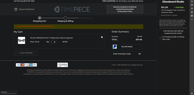 Timepiece.com checkout page showing Timepiece.com promo code box | Screenshot taken by SimplyCodes community member on May 9, 2025
