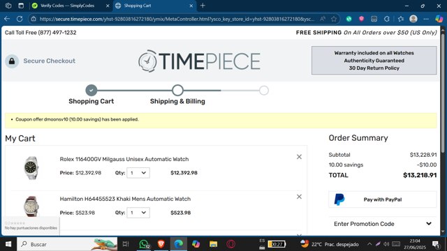 Timepiece.com checkout page showing Timepiece.com promo code box | Screenshot taken by SimplyCodes community member on Jun 28, 2025