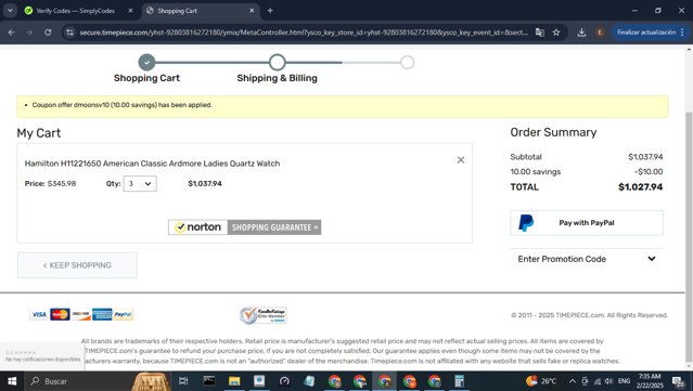 Timepiece.com checkout page showing Timepiece.com promo code box | Screenshot taken by SimplyCodes community member on Feb 22, 2025